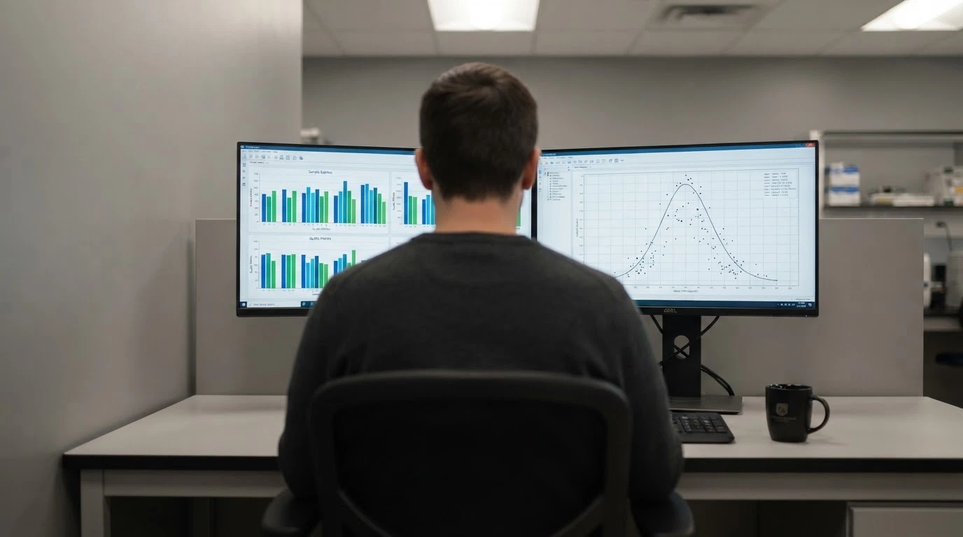 Un tecnico di laboratorio davanti a uno schermo che mostra grafici statistici, con i loghi di iTech Labs, GLI ed eCOGRA visibili nell'inquadratura