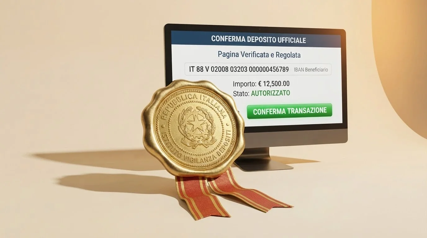 Il sigillo dell'Agenzia delle Dogane e dei Monopoli sovrapposto allo schermo di un computer che mostra la pagina di deposito di un casinò con l'IBAN del conto di gioco