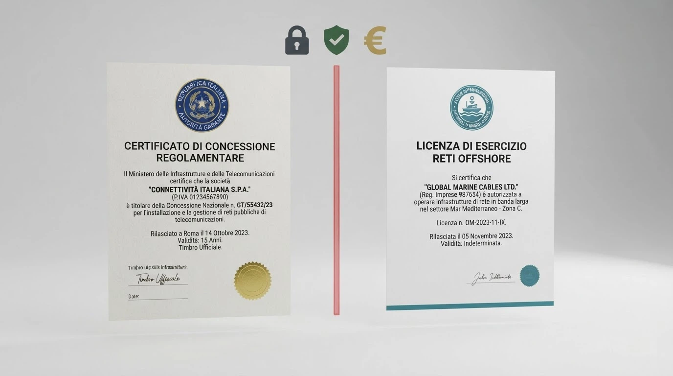 Un confronto visivo tra un certificato di concessione ADM e una licenza Curaçao eGaming, con elementi grafici che evidenziano le differenze di tutela legale