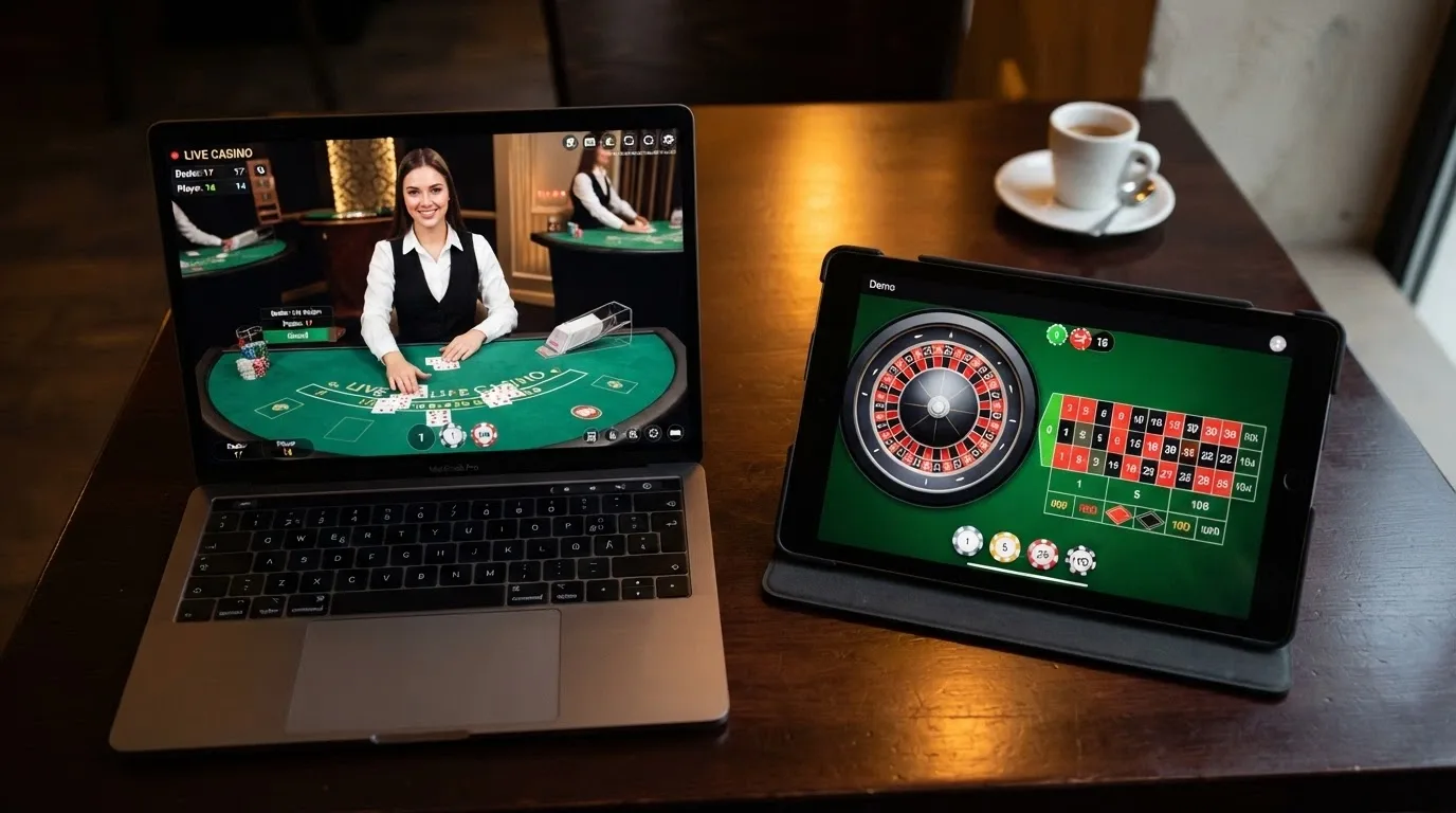 Un tavolo da live casino con dealer in streaming, affiancato da un'interfaccia di gioco da tavolo RNG in modalità demo