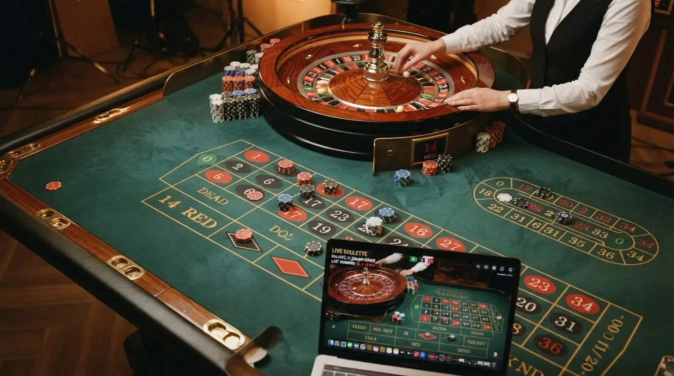 Tavolo di roulette dal vivo con croupier in streaming e interfaccia di gioco con crediti virtuali
