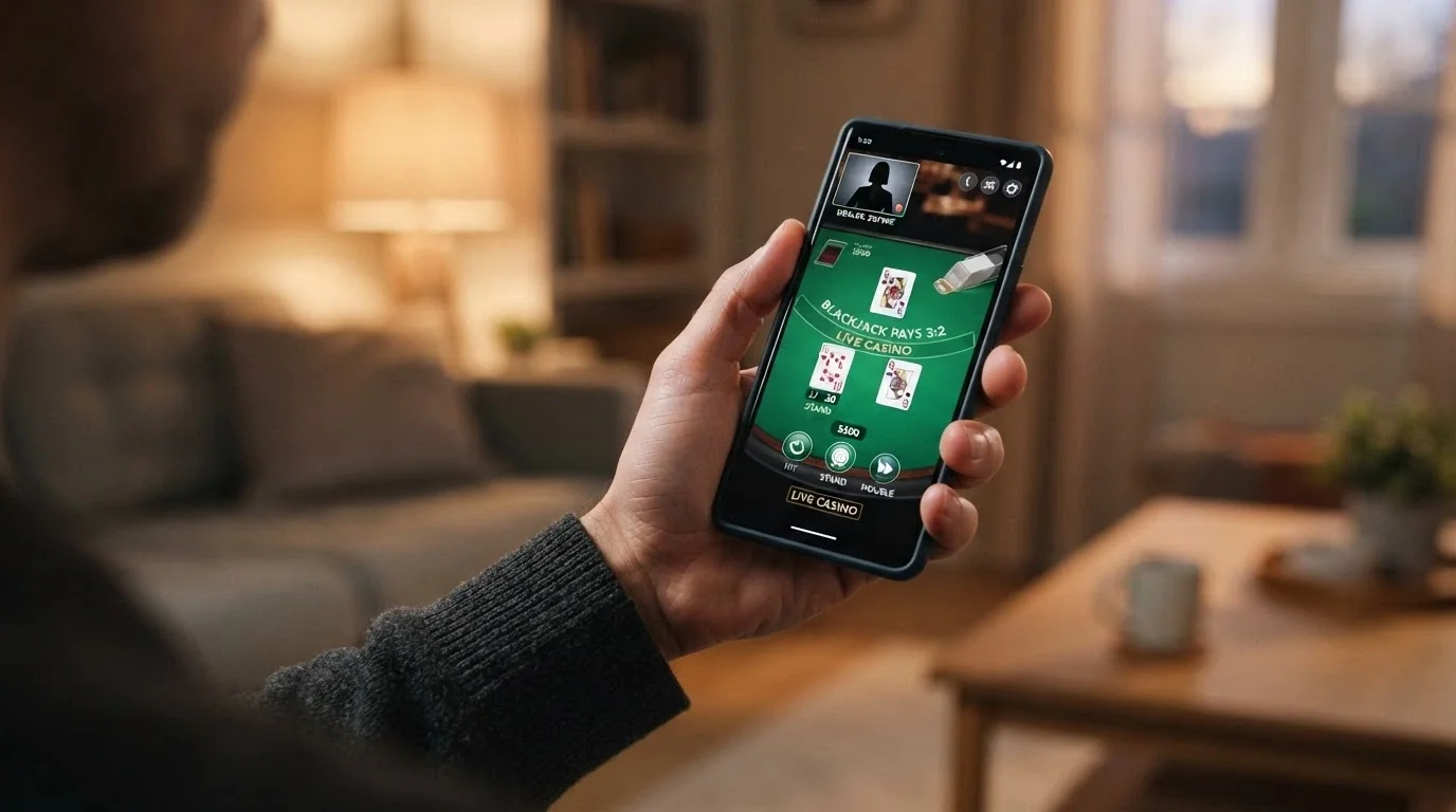 Mani di un giocatore che piazza una puntata su un tavolo di blackjack dal vivo attraverso lo schermo di uno smartphone