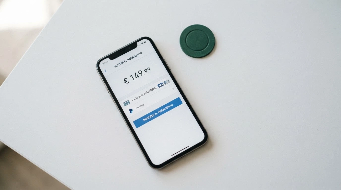 Icone dei metodi di pagamento accettati (PayPal, Postepay, Visa, Mastercard, Skrill, bonifico) disposte su sfondo bianco con il simbolo €5 e €10