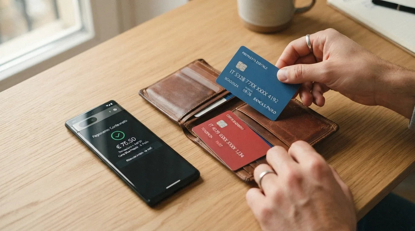 Un portafoglio aperto con carte di credito, un telefono con l'app di un portafoglio elettronico e una carta prepagata, disposti accanto alla schermata di ricarica di un casinò online