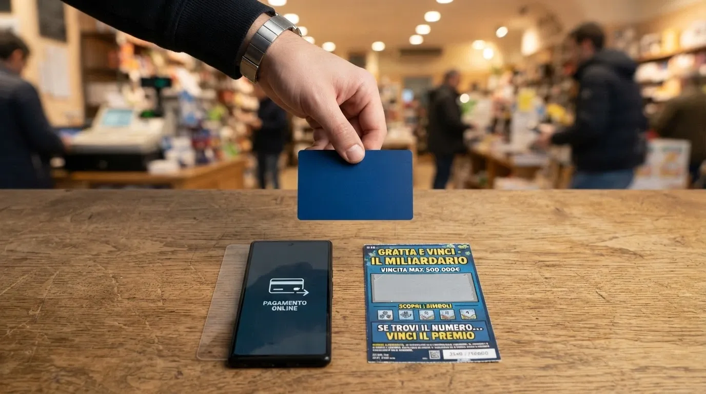 Una mano che tiene una carta Postepay, uno smartphone con il logo PayPal e una Scratch Card appoggiata su un tavolo, con lo sfondo sfocato di un punto vendita Sisal