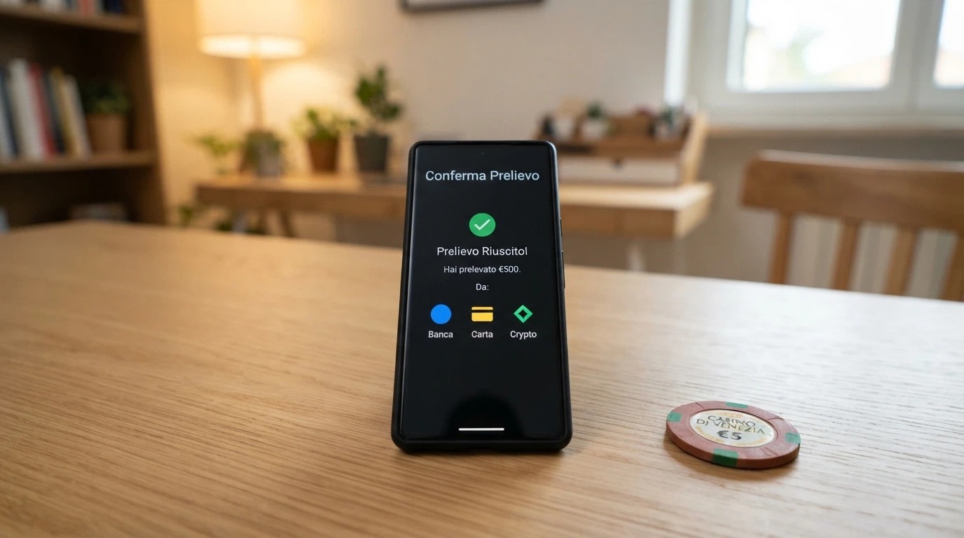 Smartphone che mostra una schermata di prelievo con le icone di PayPal, Postepay e Skrill affiancate
