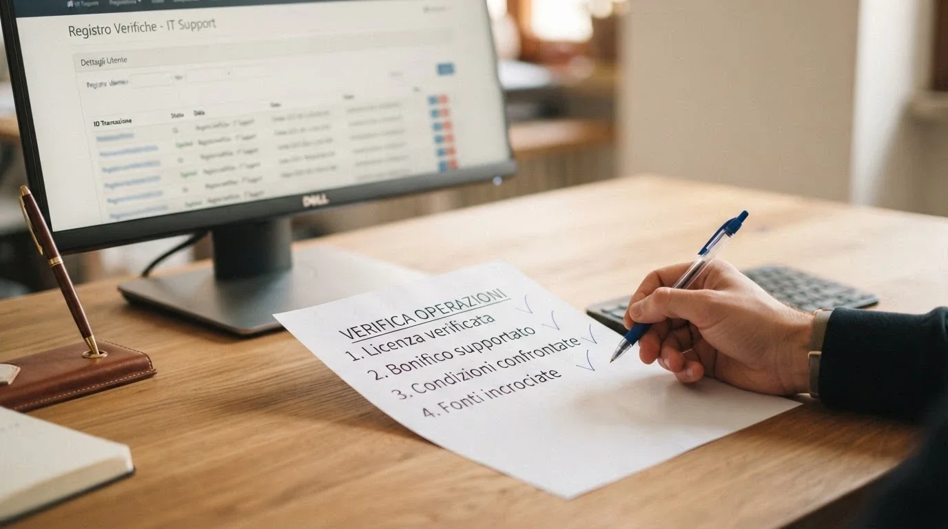 Una checklist cartacea con voci spuntate: «Licenza ADM verificata», «Bonifico supportato», «Condizioni deposito confrontate», «Fonti incrociate» — appoggiata su una scrivania accanto a un monitor