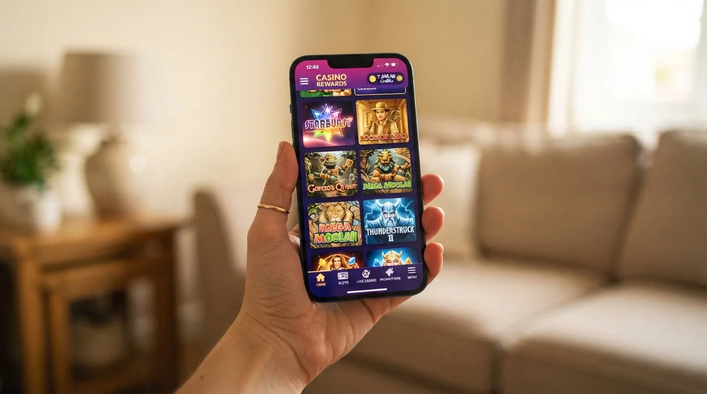 Uno smartphone in mano che mostra l'interfaccia di un casinò online in modalità orizzontale, con il logo DOGE visibile nell'angolo