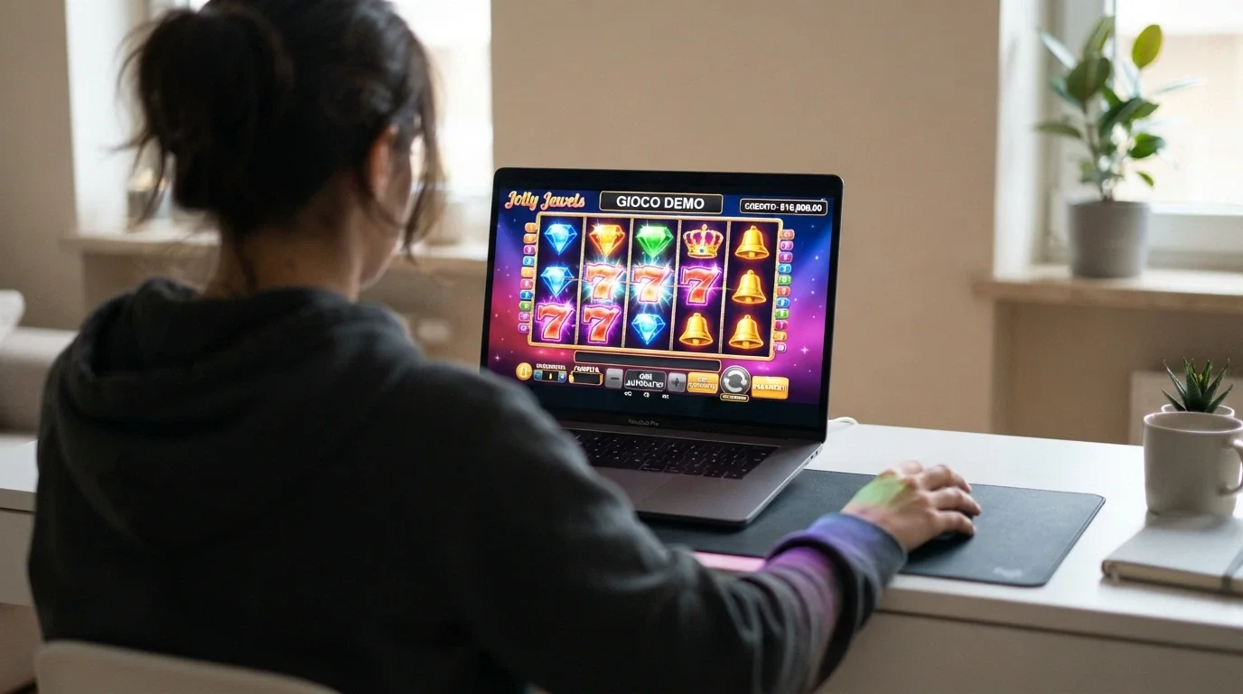 L'interfaccia di una slot machine in modalità demo su piattaforma ADM, con il saldo virtuale ben visibile e la dicitura «gioco demo» o «soldi virtuali»