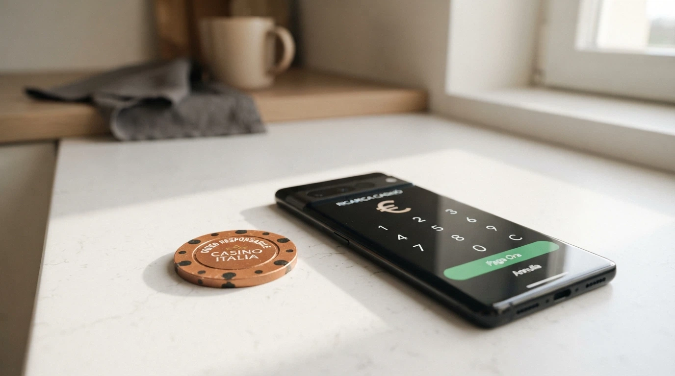 Una moneta da 1 euro posata accanto allo schermo di uno smartphone che mostra la schermata di ricarica di un casinò ADM