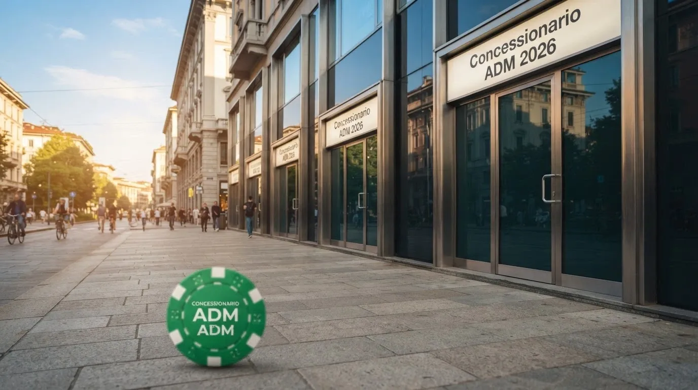 Il logo dell'ADM accanto a una fila di nuove insegne di casinò online con la dicitura «concessionario» e l'anno 2026