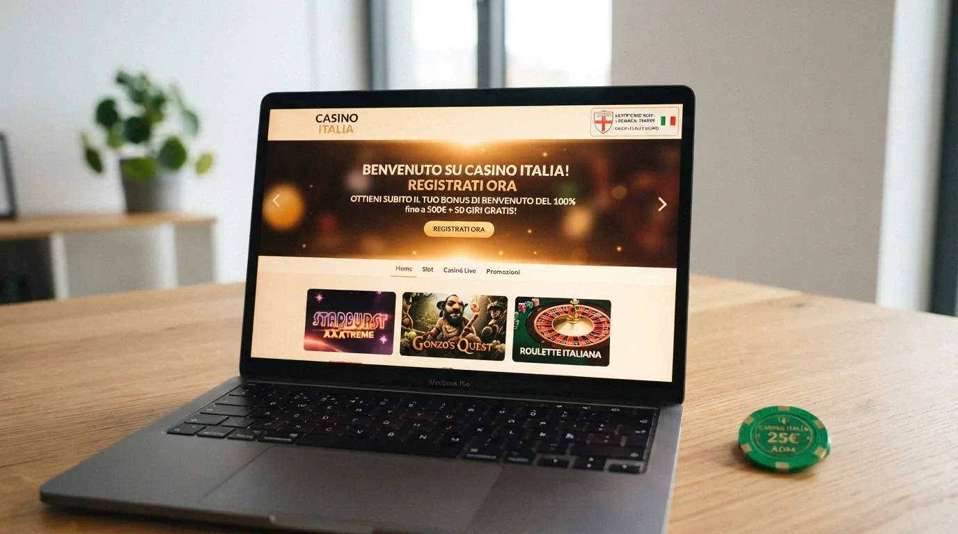 La homepage di un nuovo casinò con concessione ADM, con il badge della concessione in evidenza e l'offerta di benvenuto