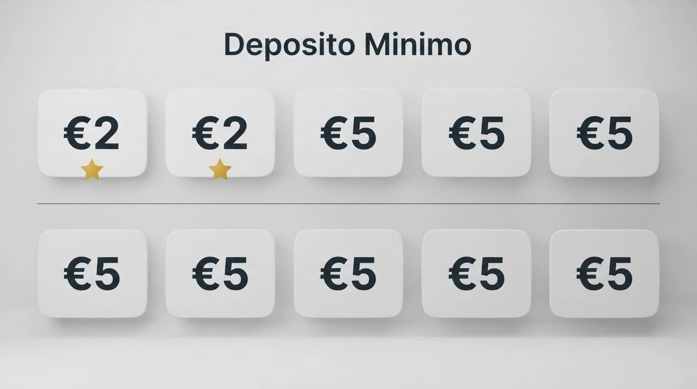 Una griglia con dieci loghi di casinò ADM, sotto ciascuno il deposito minimo e una stella che indica la soglia più bassa