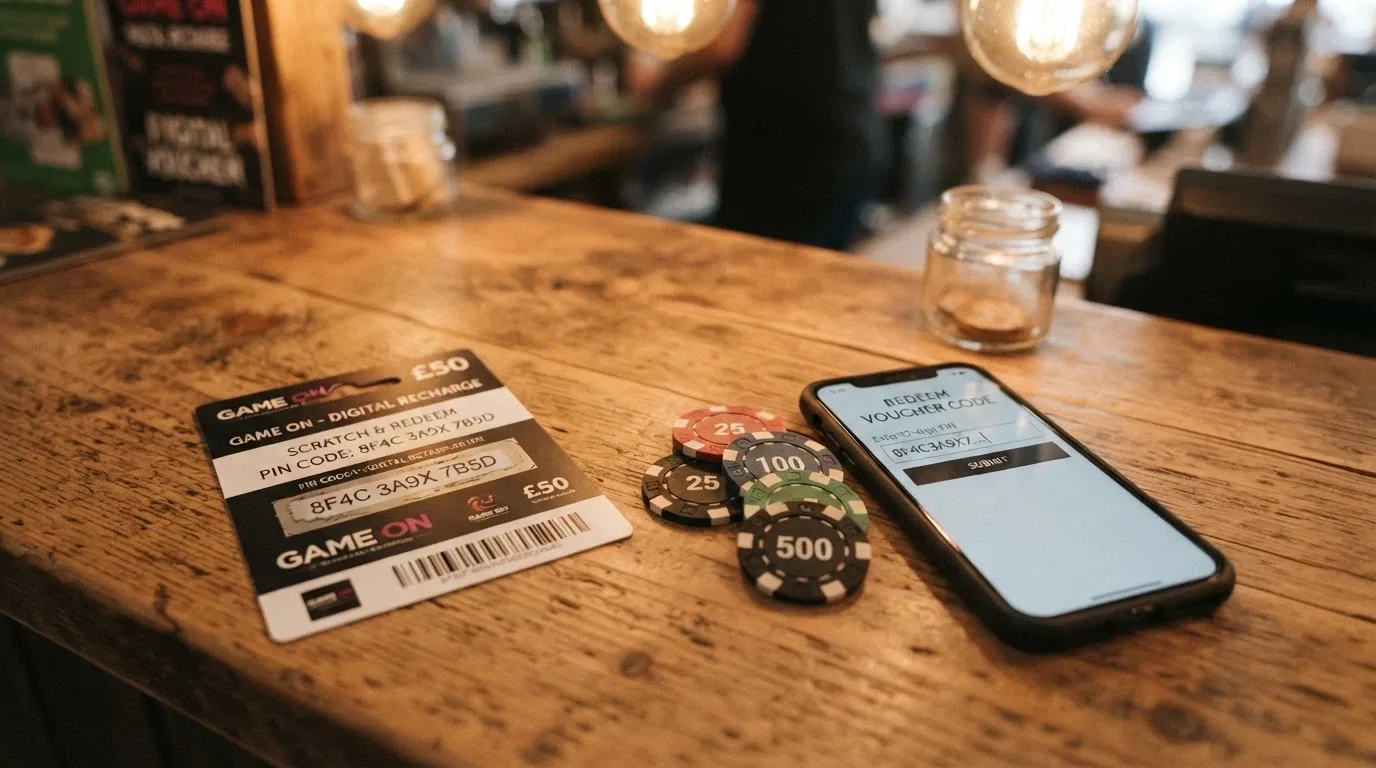 Un voucher Paysafecard con il codice PIN accanto a uno smartphone aperto sulla cassa di un casinò