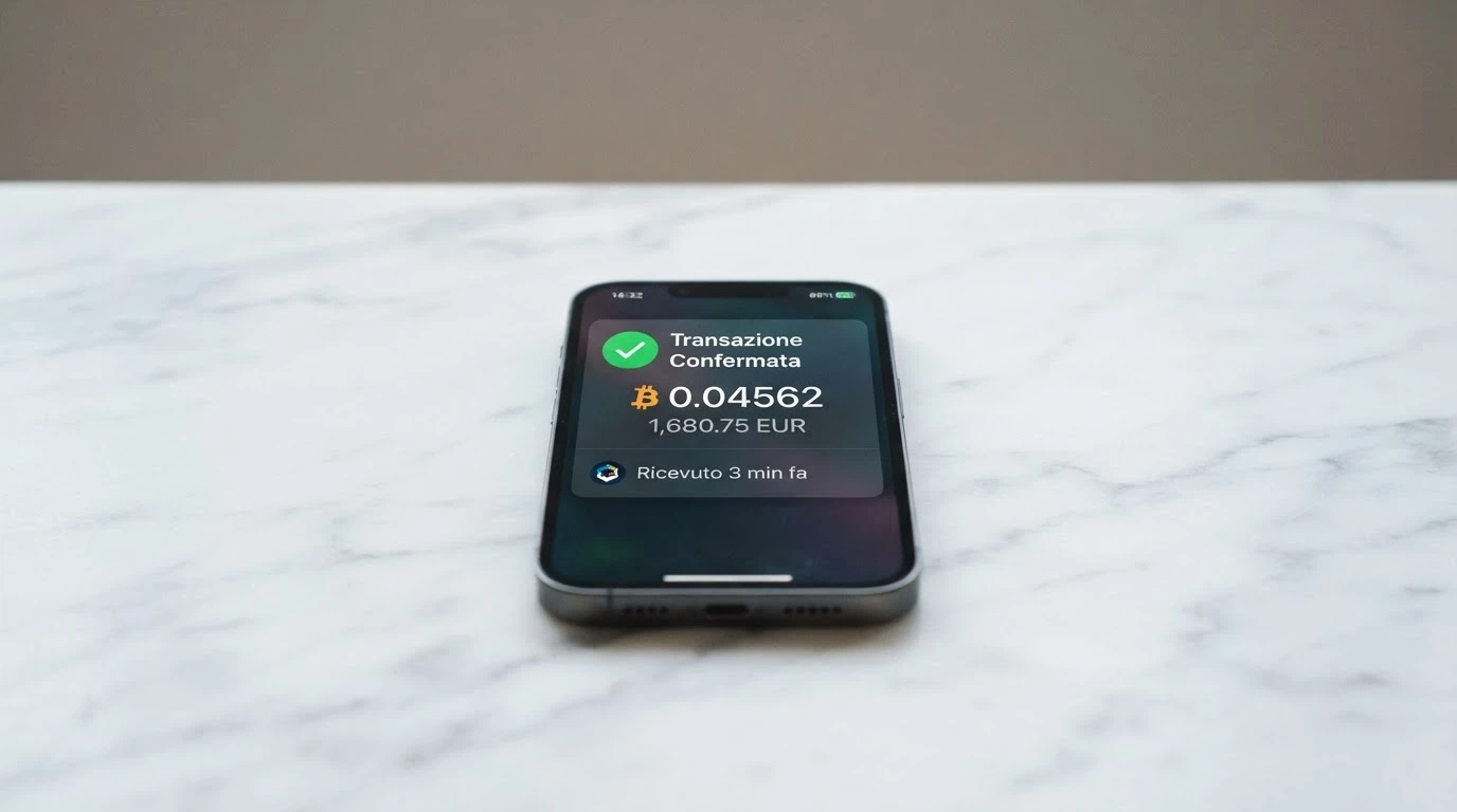 Uno smartphone mostra la notifica di un prelievo Bitcoin completato, con il simbolo BTC, l'importo e il tempo di elaborazione indicato in minuti