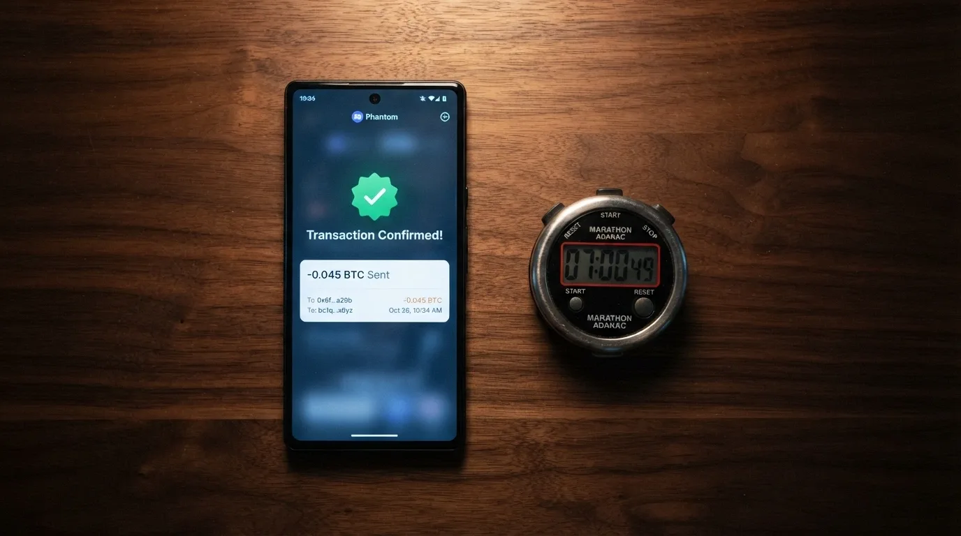 Uno smartphone che mostra un wallet crypto con una transazione in entrata confermata, affiancato da un cronometro digitale fermo a 7 minuti