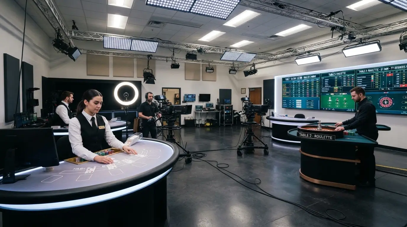 Studio di casinò live con marchio Evolution Gaming visibile sullo sfondo e due tavoli da gioco attivi con croupier