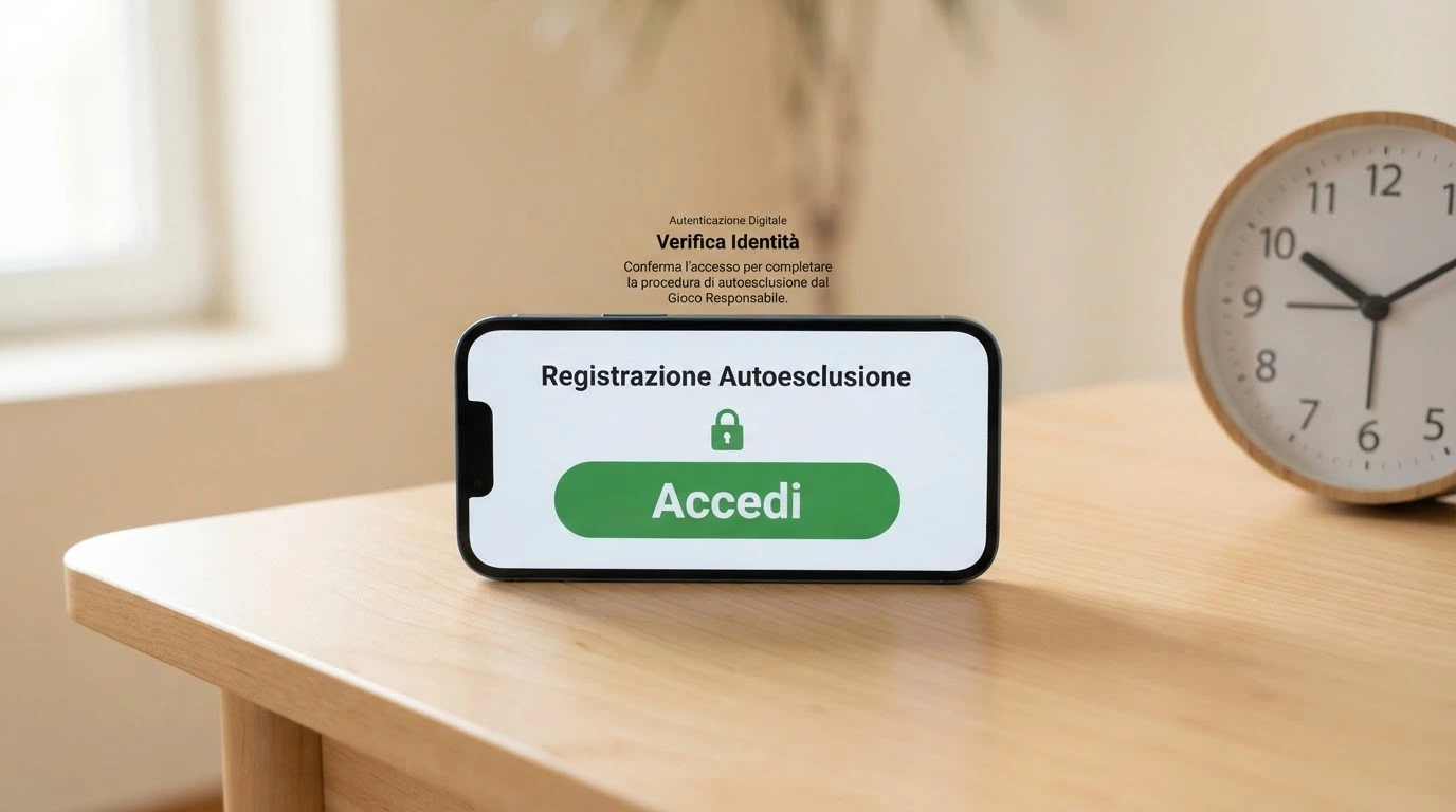 L'interfaccia di accesso al RUA con il pulsante SPID su uno schermo, accanto a un'icona a forma di lucchetto e un orologio con le durate di autoesclusione