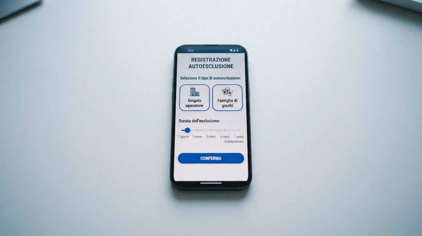 Schermata di smartphone con l'interfaccia del Registro Unico Autoesclusi, opzioni selezionabili: singolo operatore, famiglia di giochi, durata da 7 giorni a indeterminato