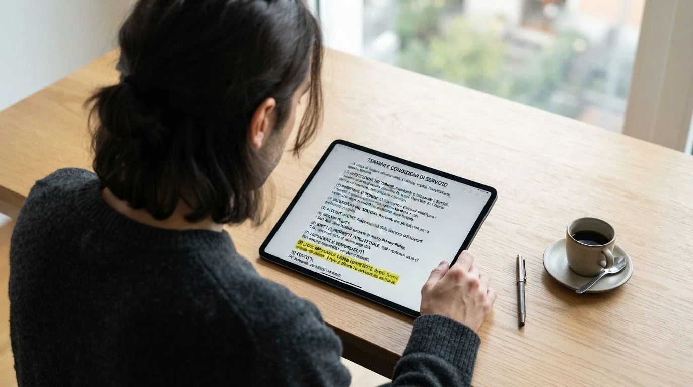 Un primo piano di un giocatore che legge i termini e condizioni su un tablet, con la sezione del rollover evidenziata in giallo