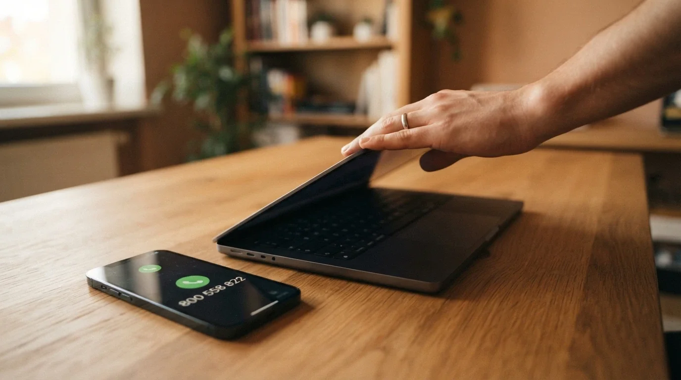 Primo piano di una mano che chiude un laptop, accanto un telefono con il display che mostra «800 558 822 — Telefono Verde Gioco d'Azzardo»