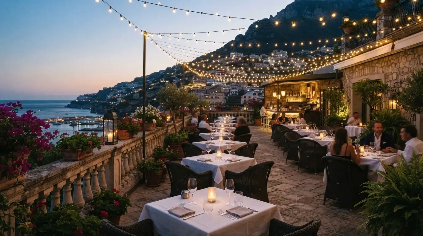 La terrazza del Roof Garden del Casinò di Sanremo con tavoli apparecchiati e vista sulla città