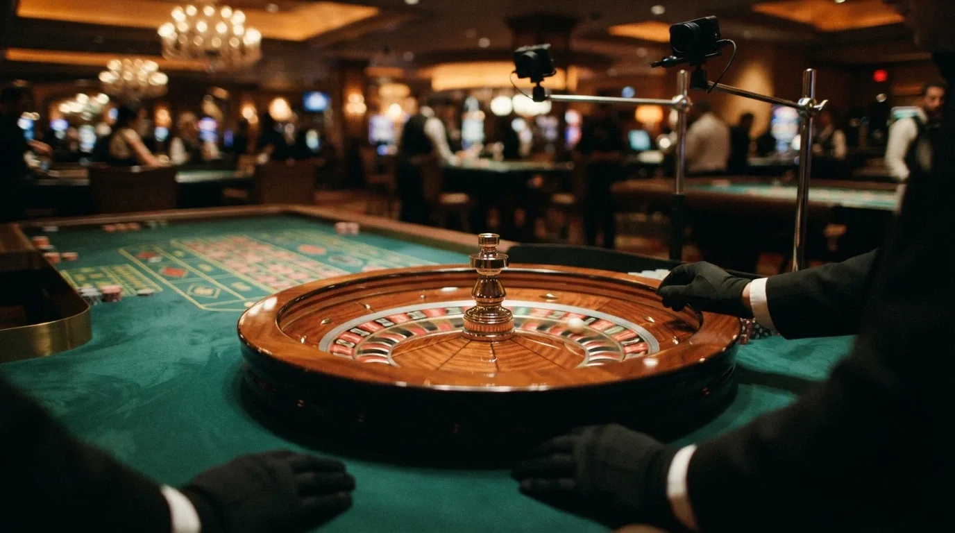 Un tavolo di roulette con croupier in divisa nella sala del Casinò di Sanremo, ripreso da telecamere per lo streaming