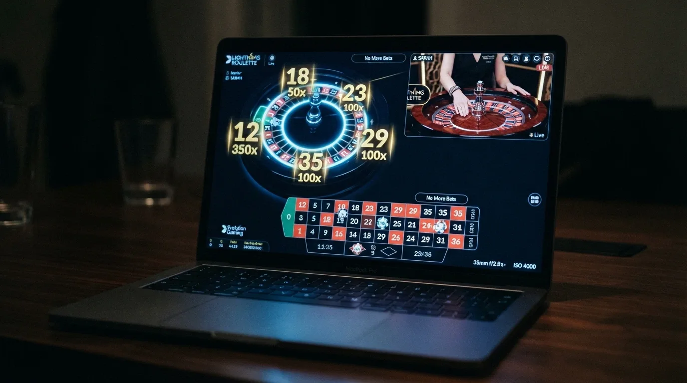 Schermata dell'interfaccia di Lightning Roulette con i moltiplicatori luminosi assegnati ai numeri e il croupier in diretta