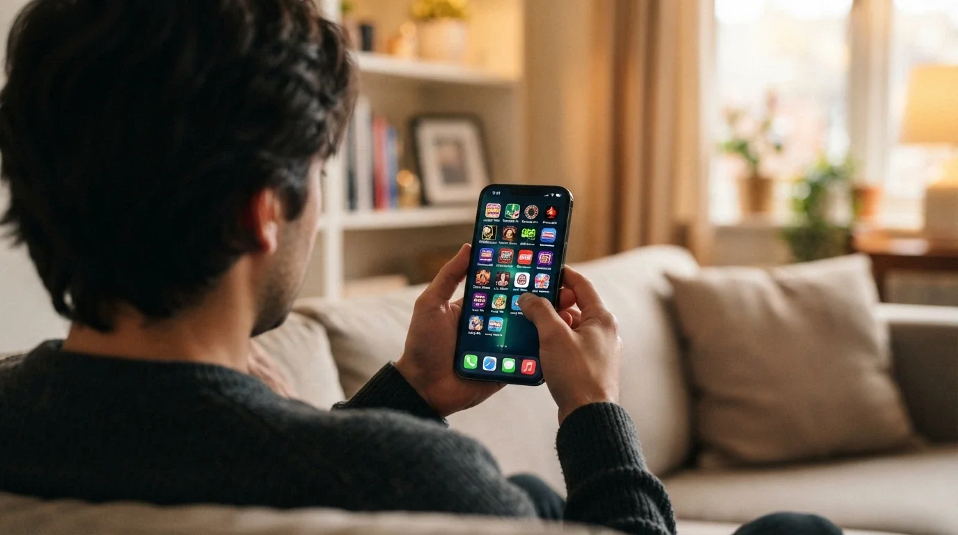 Un iPhone con diverse icone di app casinò ADM affiancate, con l'utente che valuta le opzioni disponibili