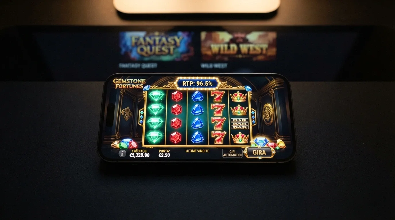 Schermata di una slot machine su iPhone con l'indicatore RTP in evidenza, affiancata da altre slot popolari del catalogo ADM