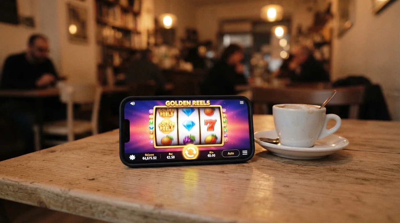 Smartphone con una slot Big Time Gaming in esecuzione nel browser mobile in orientamento orizzontale