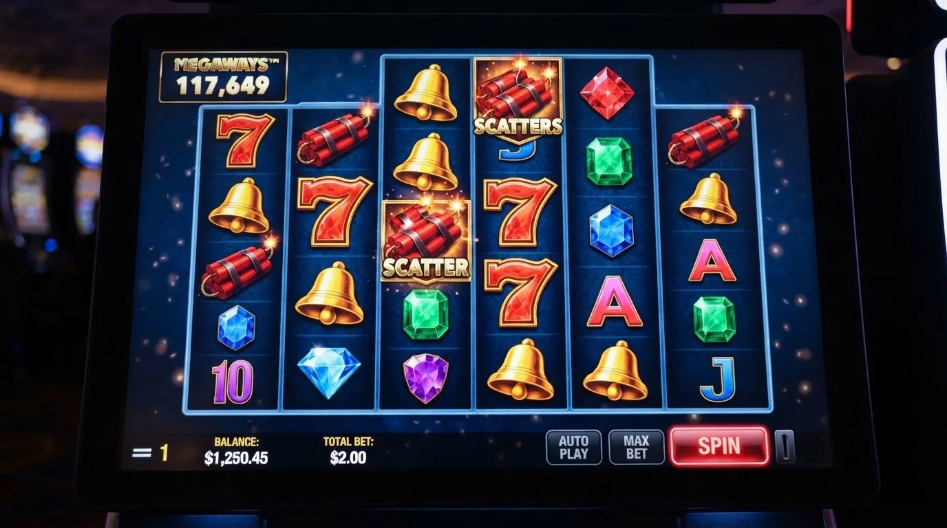 Schermata di gioco di una slot Big Time Gaming con la griglia Megaways completa e il logo del provider