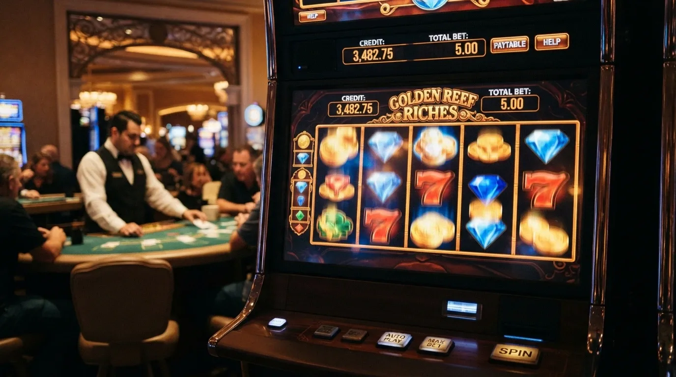 Il primo piano di una slot machine digitale con i rulli in movimento, sullo sfondo un tavolo da live dealer in streaming