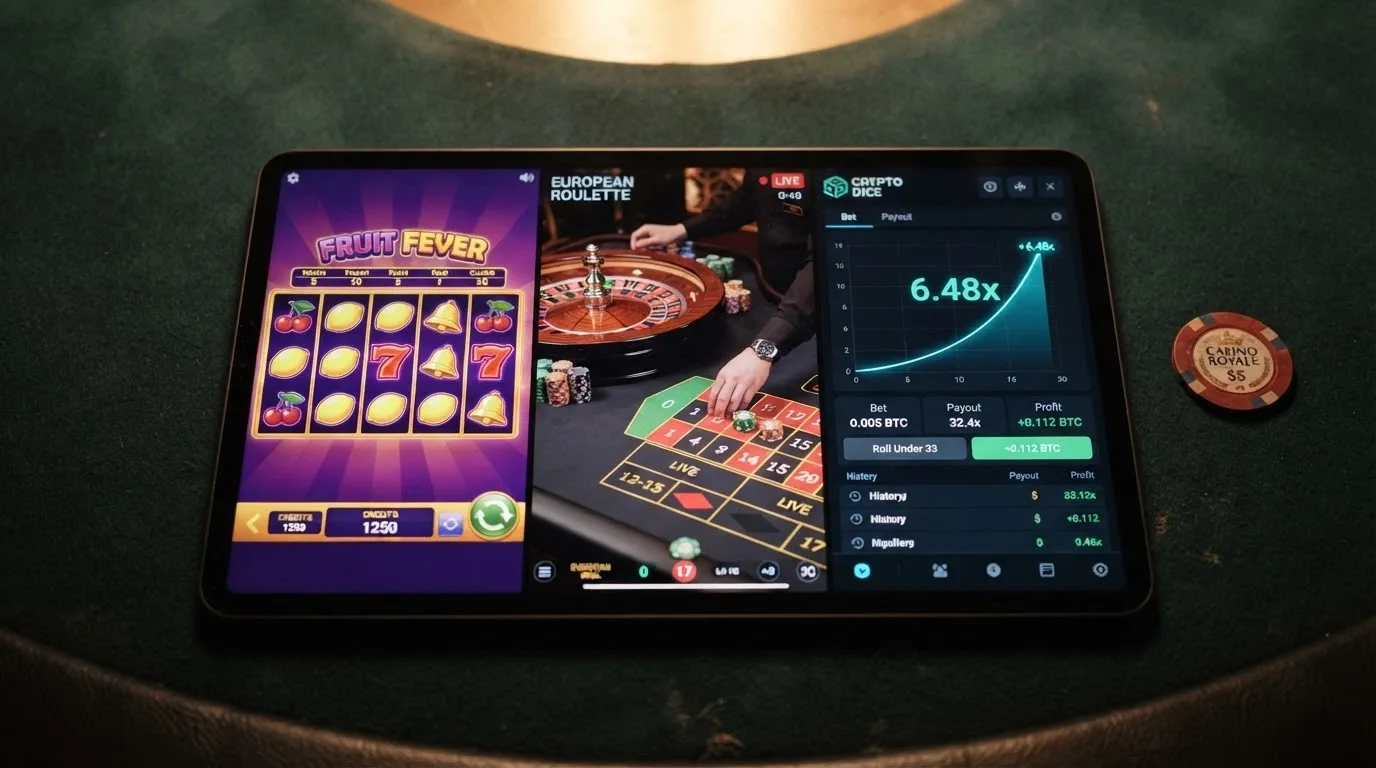 Una schermata divisa in tre: slot machine colorata, tavolo da roulette con croupier in streaming, e interfaccia di un gioco provably fair