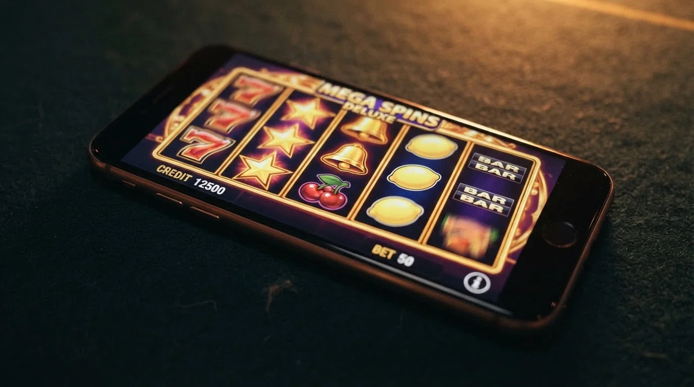 Schermata di una slot machine in esecuzione su smartphone Android, con la griglia di simboli e il pannello dell'RTP visibile nel menu di gioco