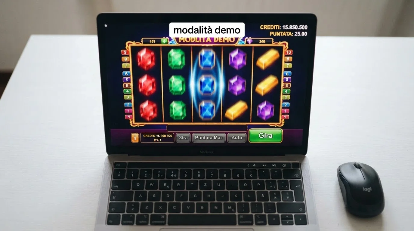 Una slot machine colorata sullo schermo di un computer con la scritta «modalità demo» ben visibile e un contatore di credito virtuale in alto