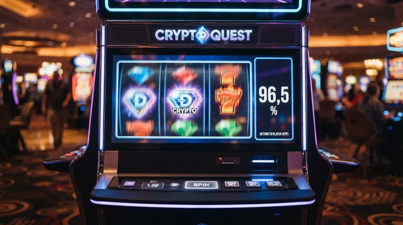 Una slot machine digitale con il simbolo di Ethereum sui rulli e un pannello laterale che mostra la percentuale RTP