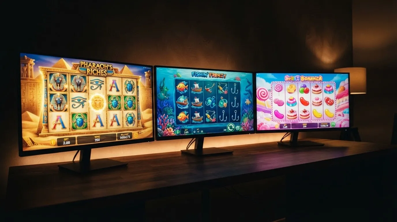 Tre slot machine online aperte su tre schermi diversi: Book of Ra Deluxe, Big Bass Bonanza e Sweet Bonanza, con i rulli in movimento