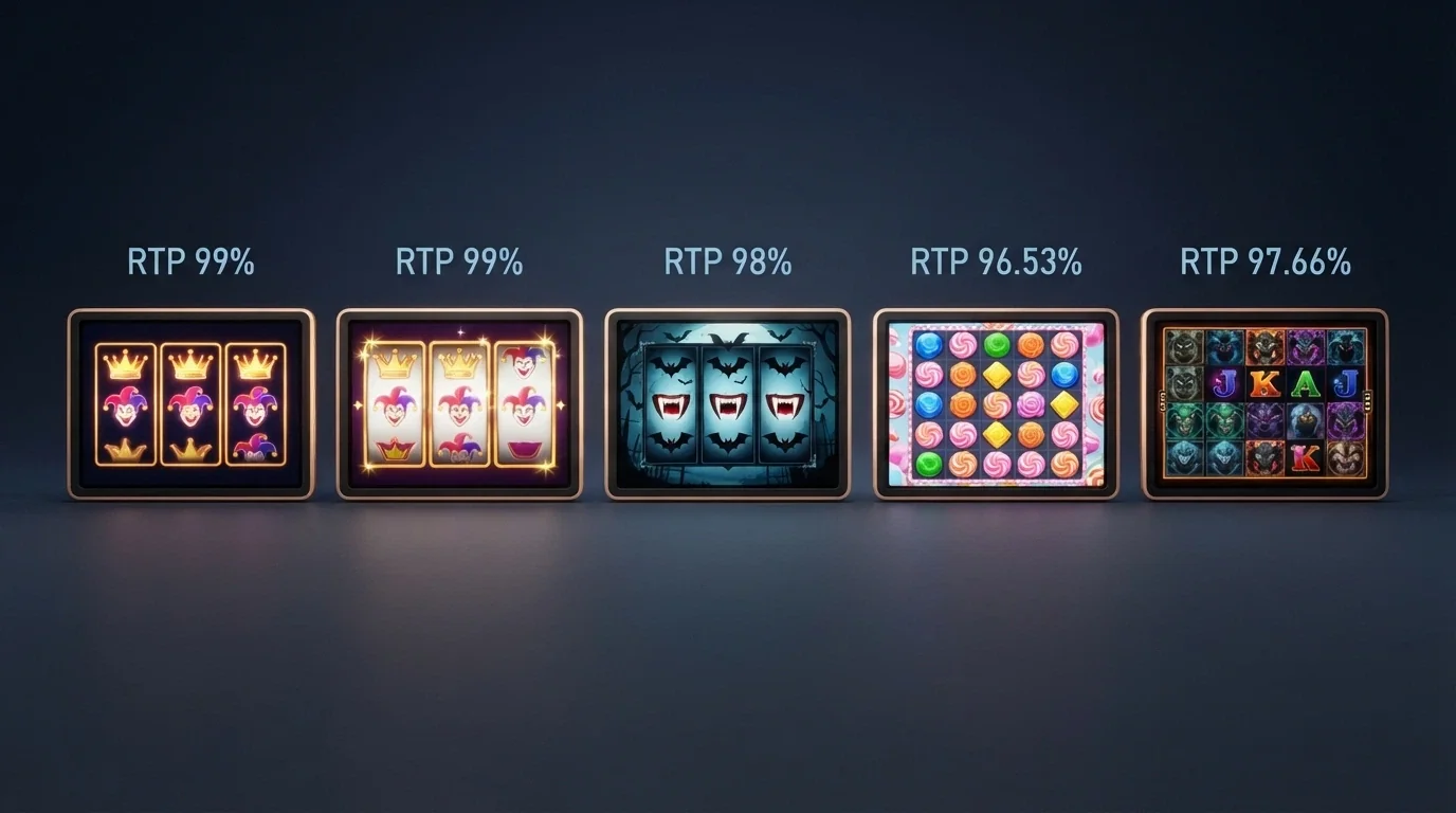 Una griglia di cinque slot machine digitali con i nomi Mega Joker, Book of 99, Blood Suckers, Sugar Rush 1000 e Blood Suckers Megaways in evidenza