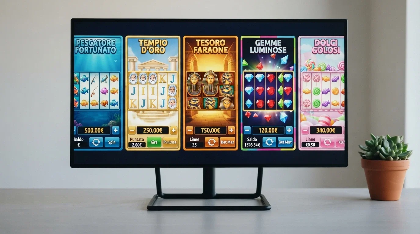Una griglia di cinque slot machine online con i nomi Big Bass Bonanza, Gates of Olympus, Book of Dead, Starburst e Sweet Bonanza e i rispettivi RTP in evidenza