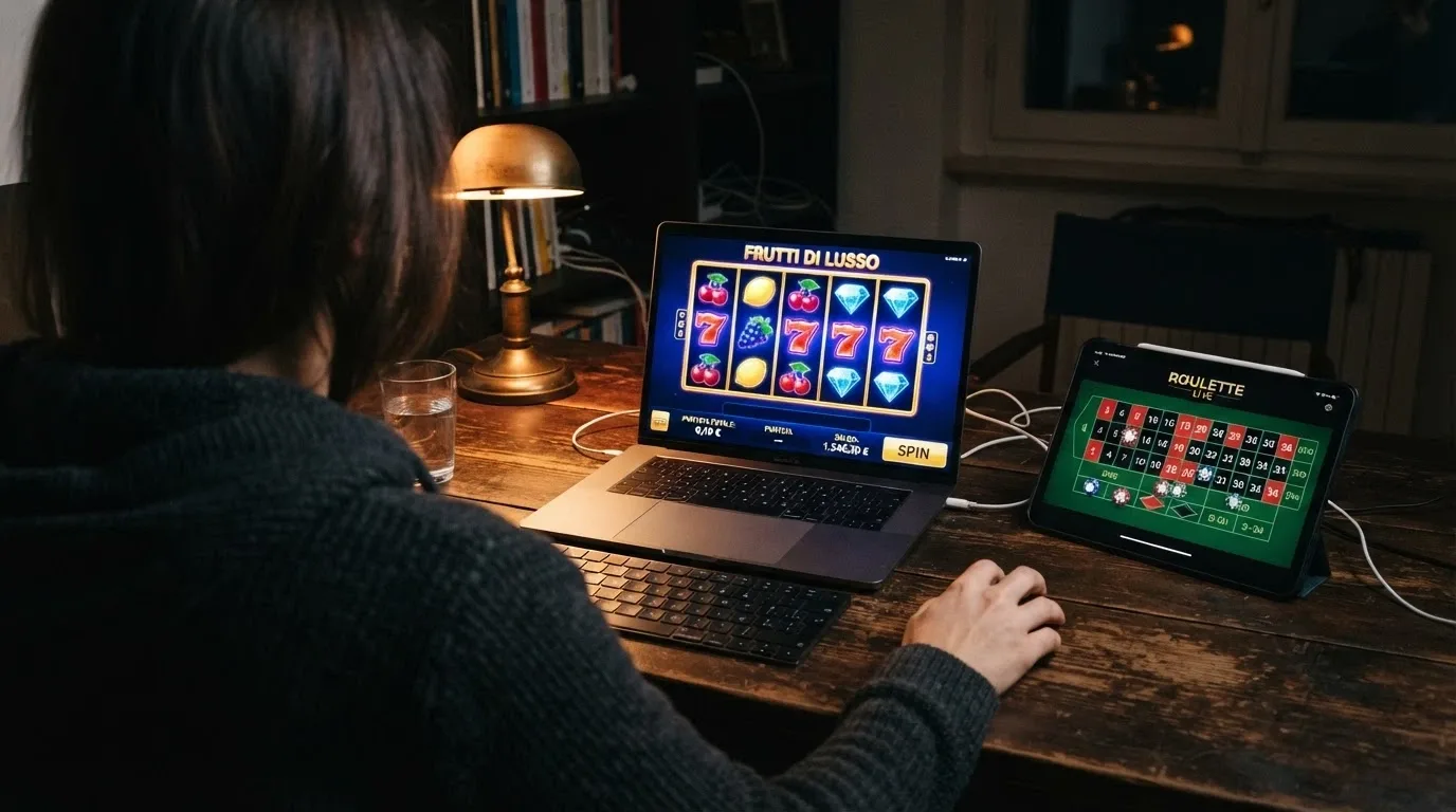 La schermata di una slot online con il selettore della puntata impostato su 0,10€, affiancata da un tavolo di roulette con chip colorate e la scritta «puntata minima 0,10€» evidenziata