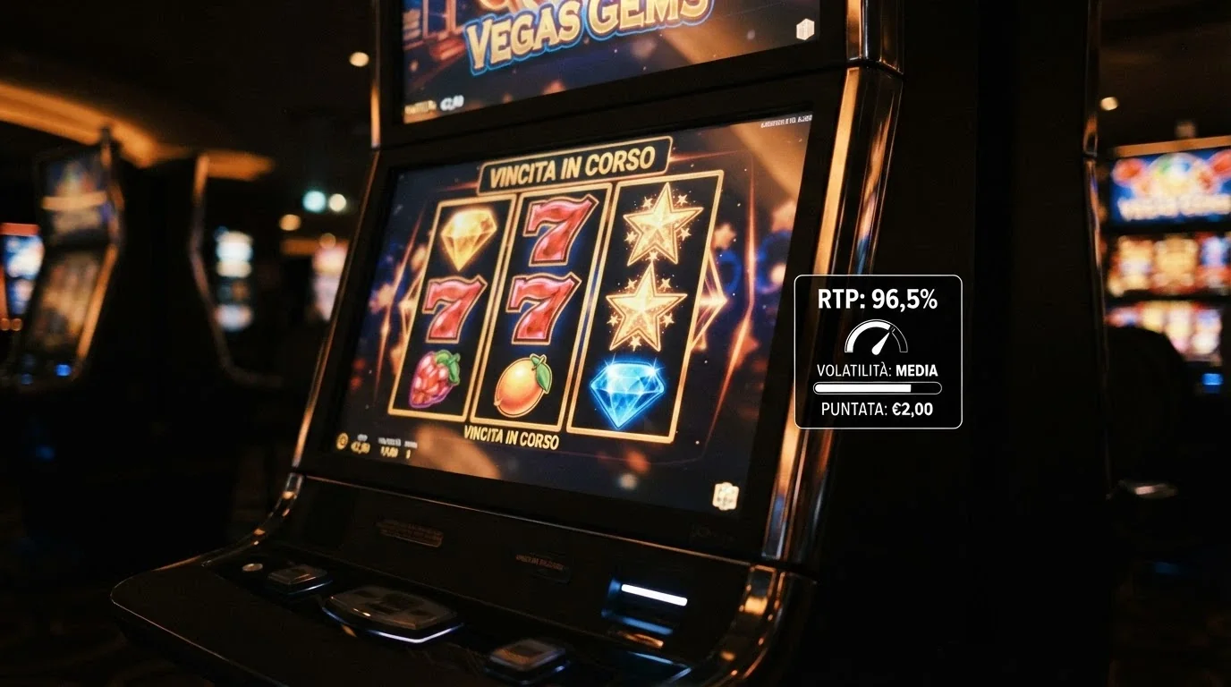 Una slot machine online con l'interfaccia di gioco visibile e i dati di RTP e volatilità sovraimpressi in forma grafica accanto ai rulli