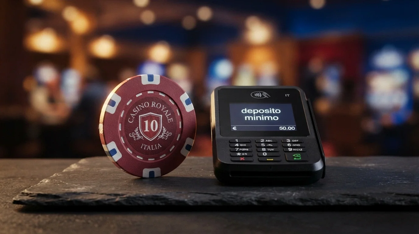 Un primo piano di una moneta da 1 euro accanto a un terminale di pagamento con la scritta «deposito minimo» in italiano, su sfondo sfocato da casinò