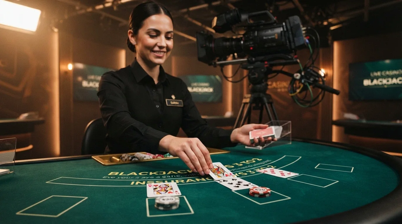 Tavolo di blackjack dal vivo con croupier reale in HD, carte sul tavolo e interfaccia di puntata