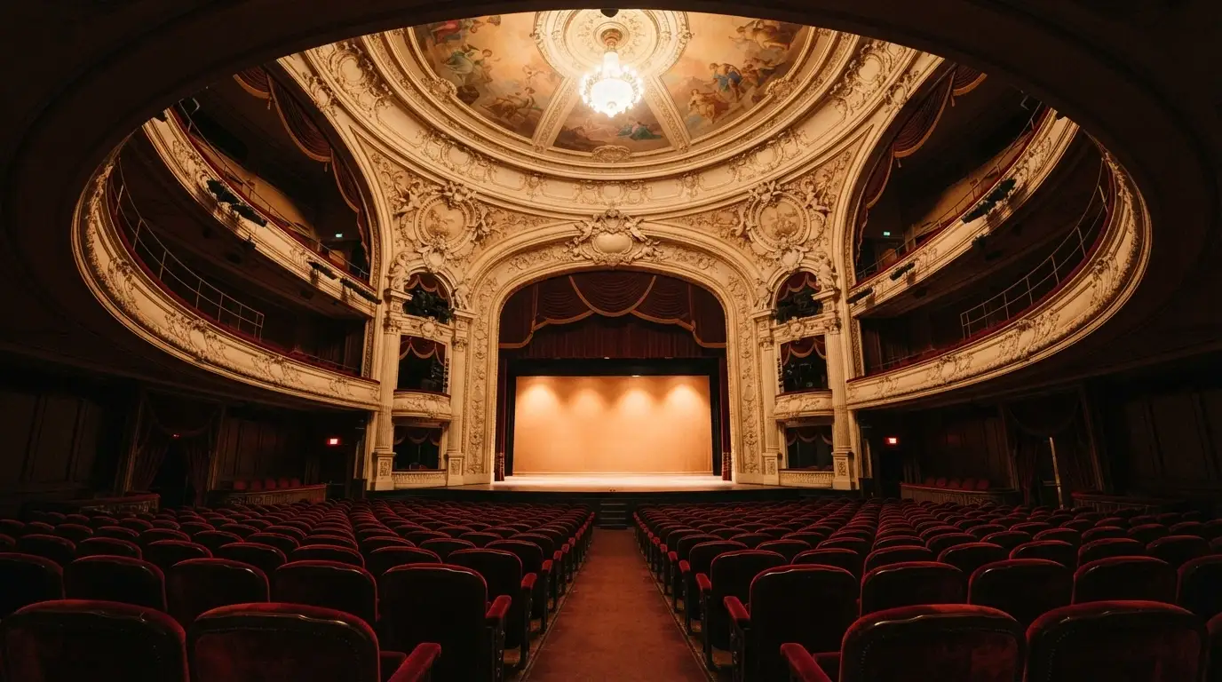 La platea e il palco del Teatro dell'Opera del Casinò di Sanremo con poltrone rosse e decorazioni Liberty