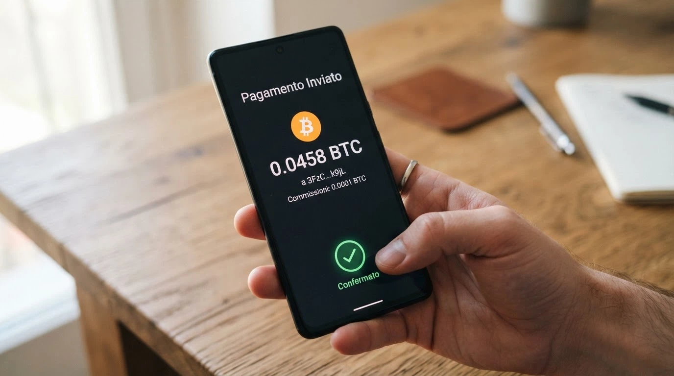 L'interfaccia di un wallet crypto su smartphone mostra una transazione in Bitcoin verso un casinò online, con il logo BTC in evidenza