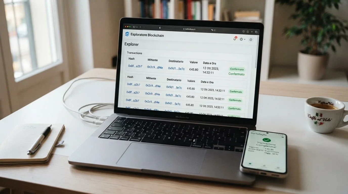 Una schermata di esploratore blockchain con una transazione confermata verso un wallet, loghi di Bitcoin Ethereum e Tether visibili