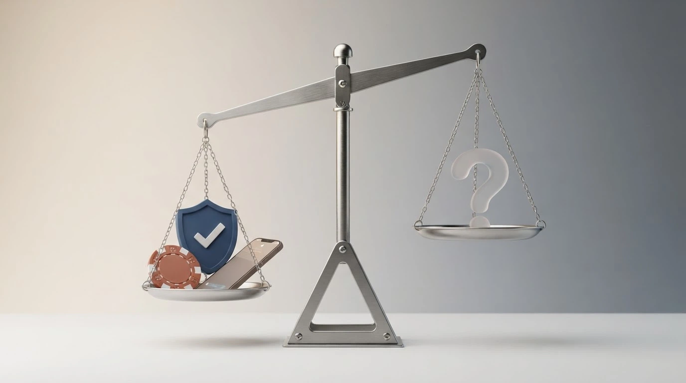 Una bilancia a due piatti: sul piatto di sinistra le tutele ADM (scudo, check, telefono assistenza), sul piatto di destra un unico punto interrogativo — il piatto sinistro pesa molto di più