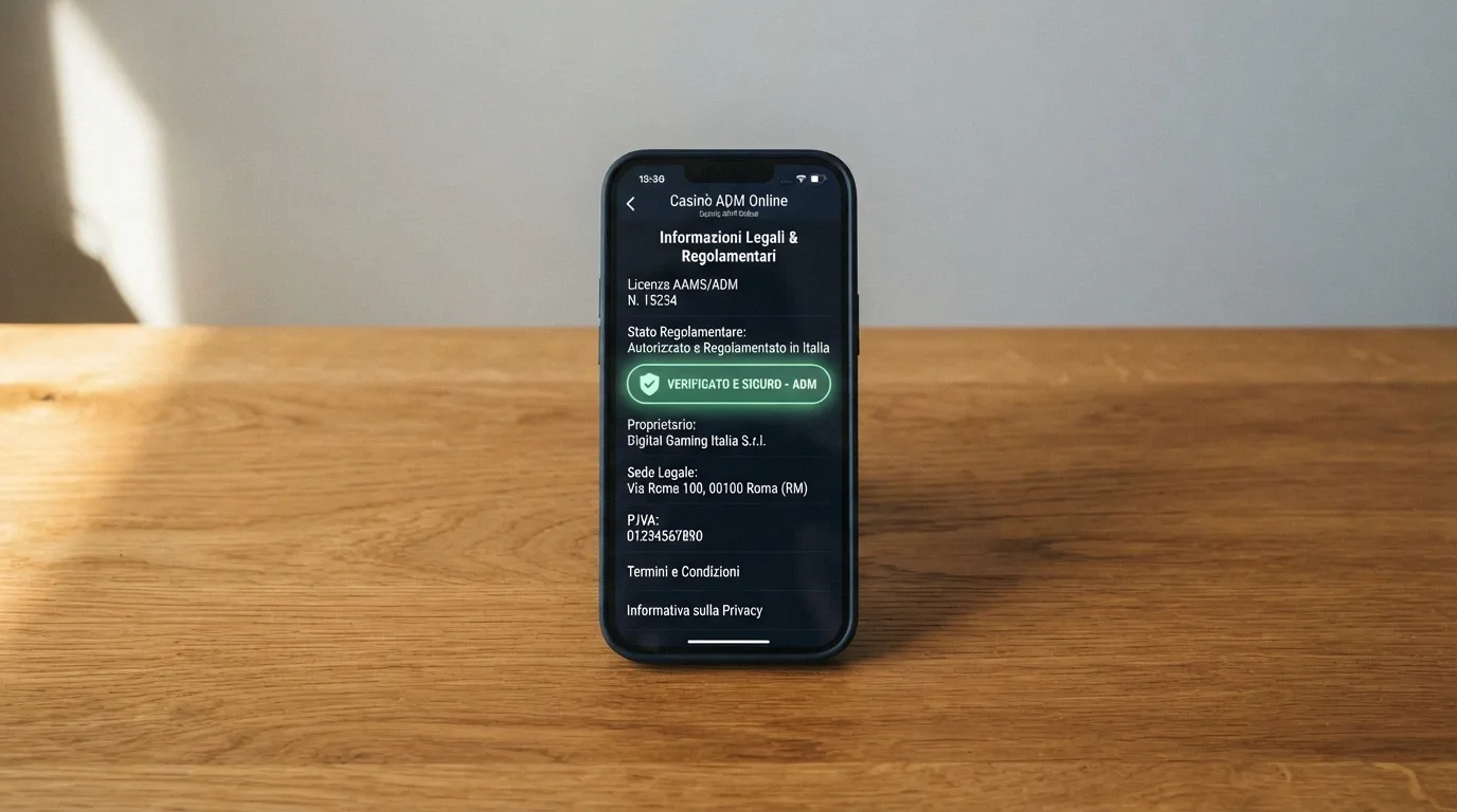 Il footer di un'app casinò su iPhone con il numero di concessione ADM nel formato GAD evidenziato, accanto al logo ADM