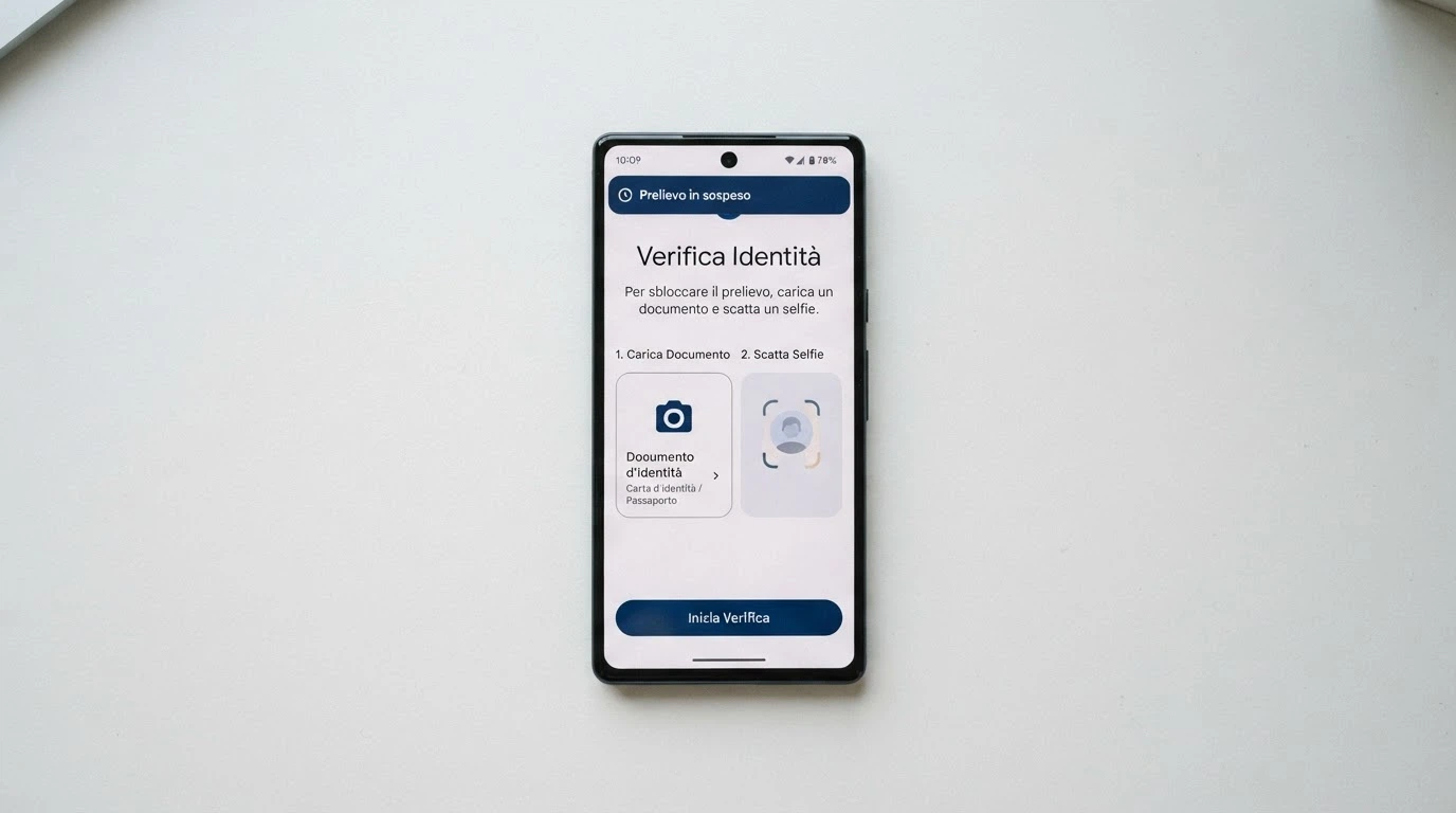 Uno smartphone che mostra una schermata di verifica identità con la richiesta di caricare un documento d'identità e un selfie, con una notifica che indica «Prelievo in sospeso»